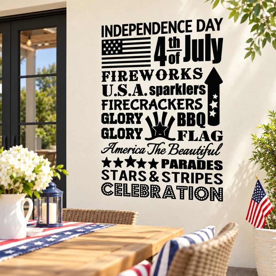 Decorative Independence Day typography decal with bold black text and star icons