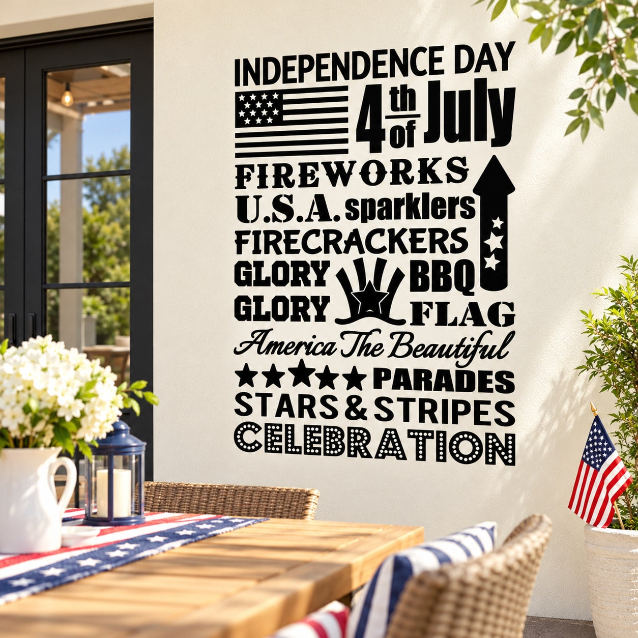 Decorative Independence Day typography decal with bold black text and star icons