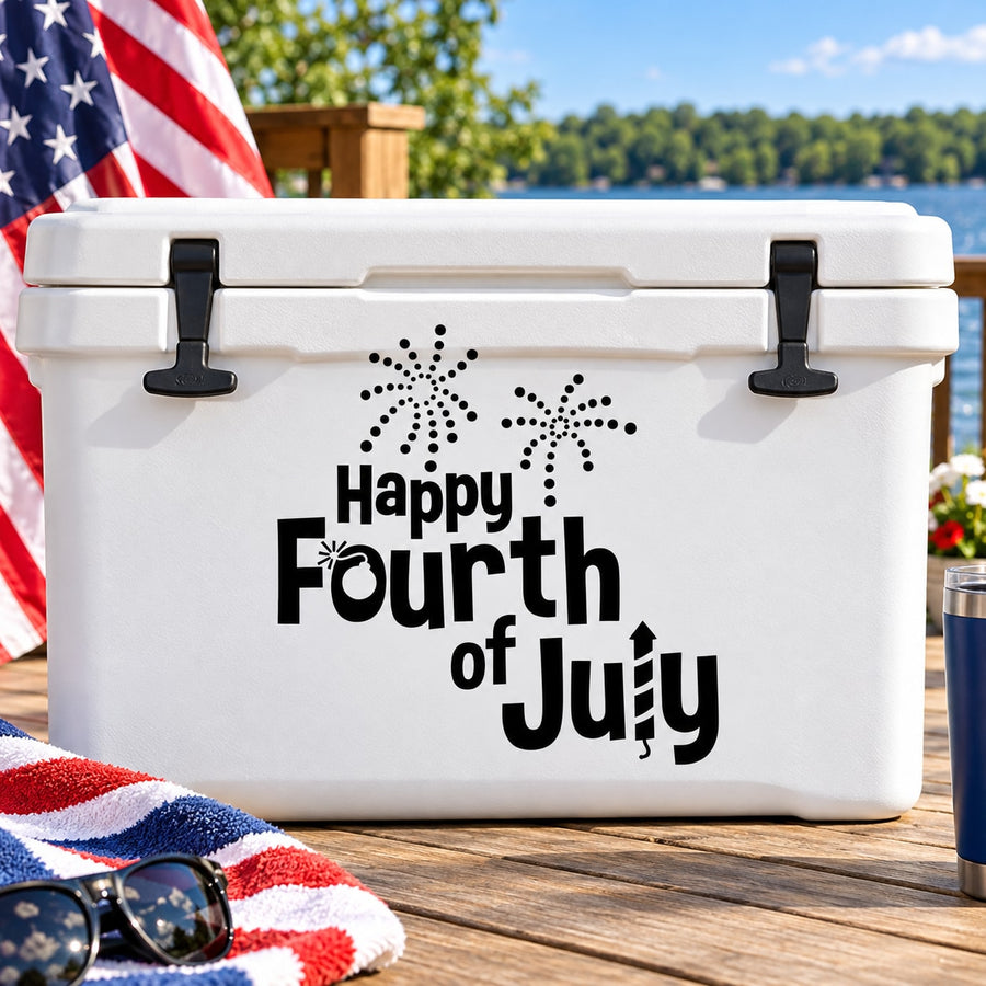 Happy Fourth of July fireworks decal for cooler, black lettering with spark icons