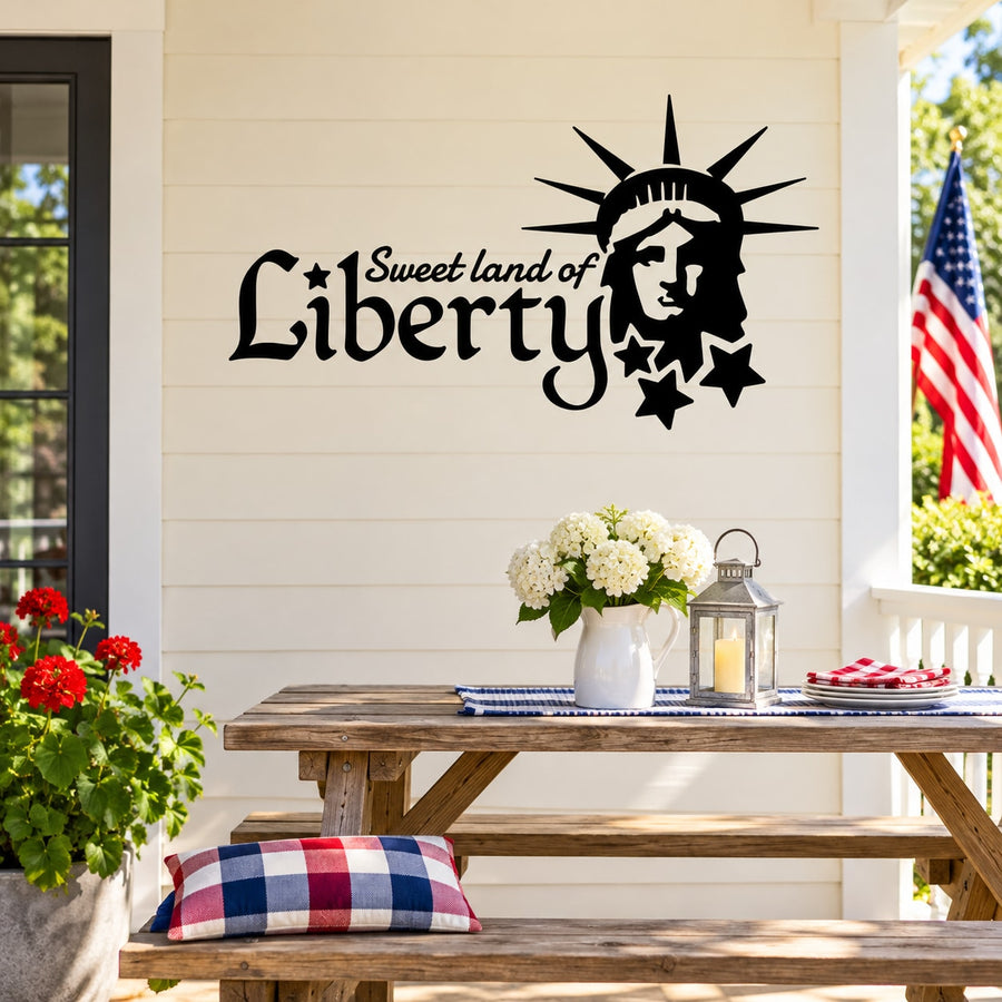 Sweet Land of Liberty decal with liberty statue silhouette and star accents