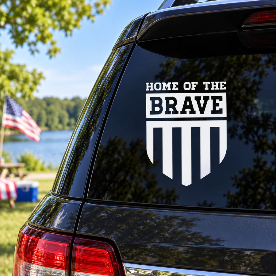 Home of the Brave shield decal with bold white text and crest on window