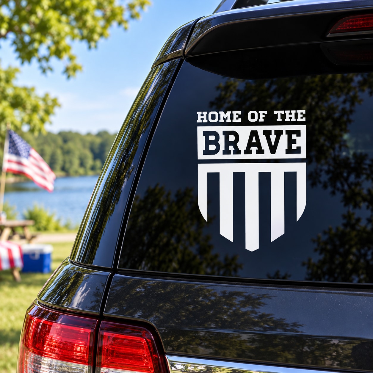 Home of the Brave shield decal with bold white text and crest on window