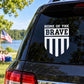 Home of the Brave shield decal with bold white text and crest on window