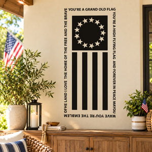 Patriotic flag decal with circular stars, vertical stripes, and bold surrounding text