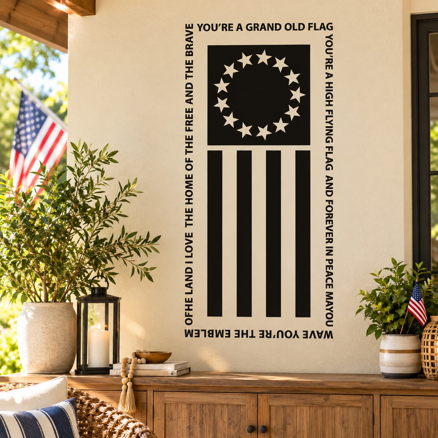 Patriotic flag decal with circular stars, vertical stripes, and bold surrounding text