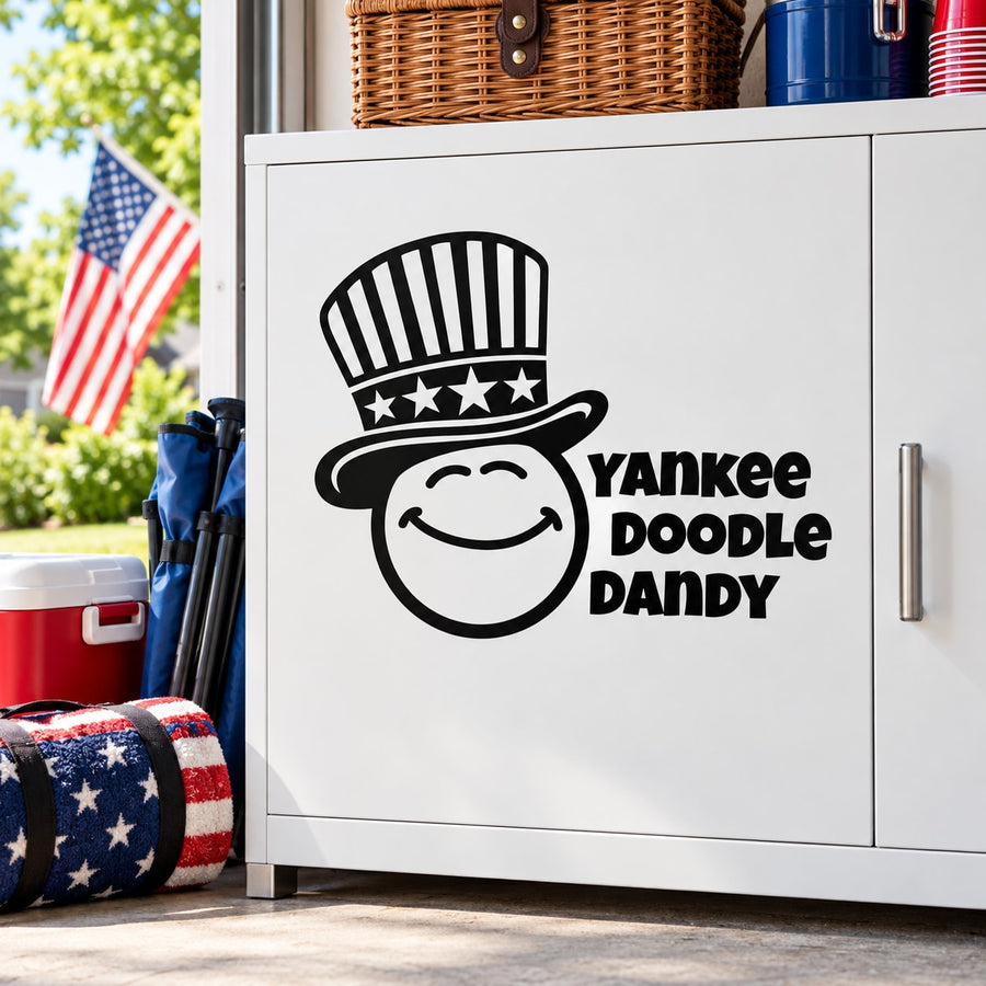 Black smiley-face decal with top hat and Yankee Doodle Dandy lettering