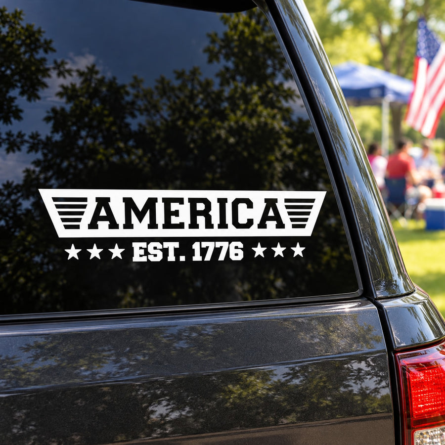 America Est. 1776 vinyl decal with stars on car window