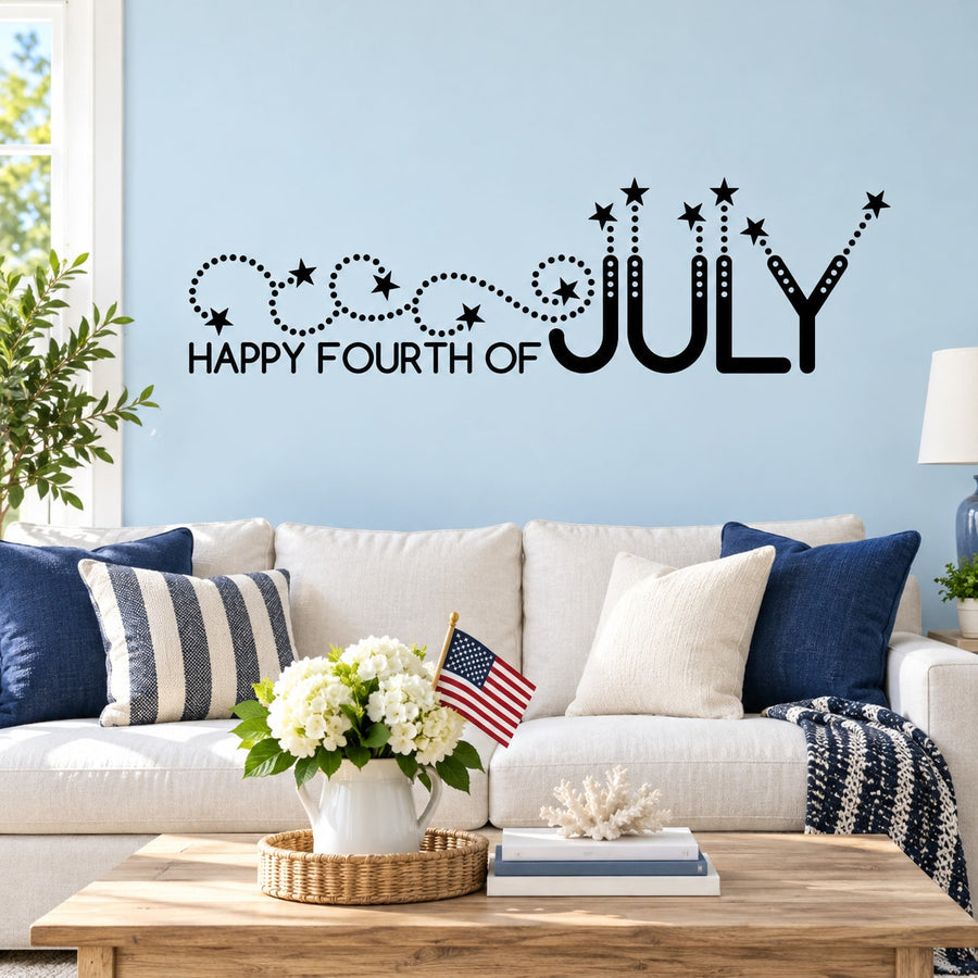 Happy Fourth of July wall decal with star accents and large JULY lettering