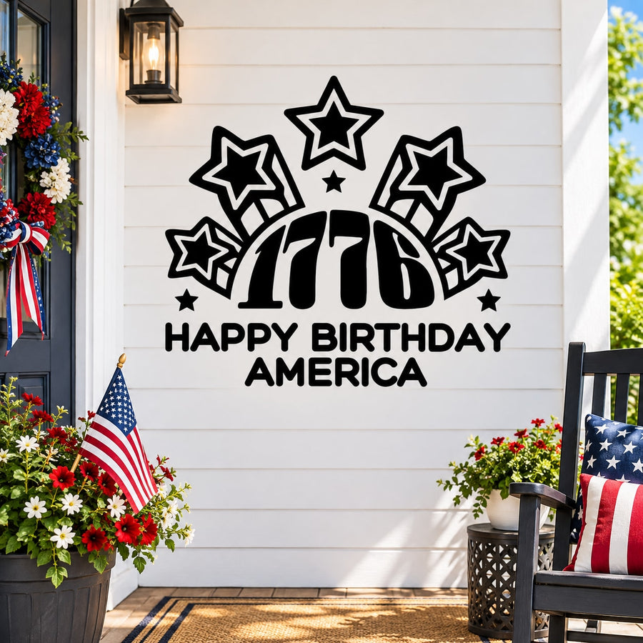 Happy Birthday America 1776 stars wall decal with bold text and starburst design