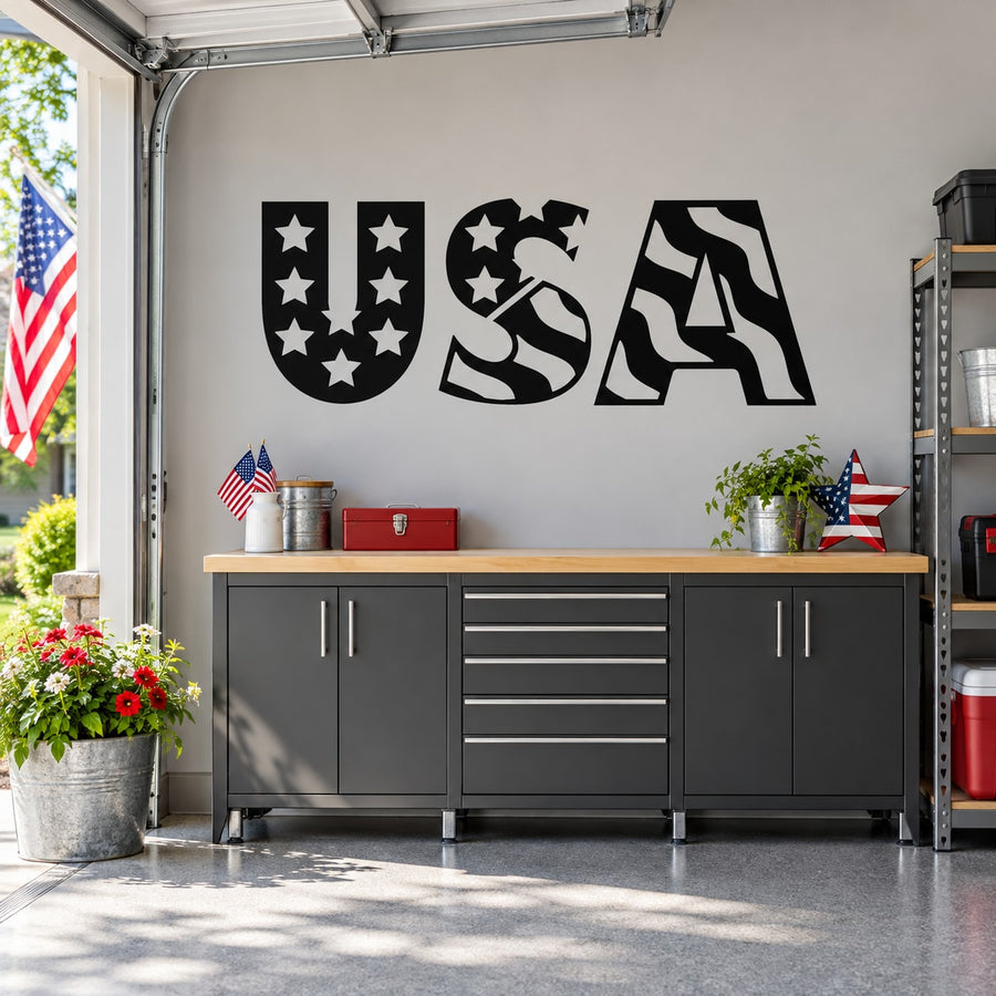 Black USA flag overlay decal with star-and-stripe style lettering