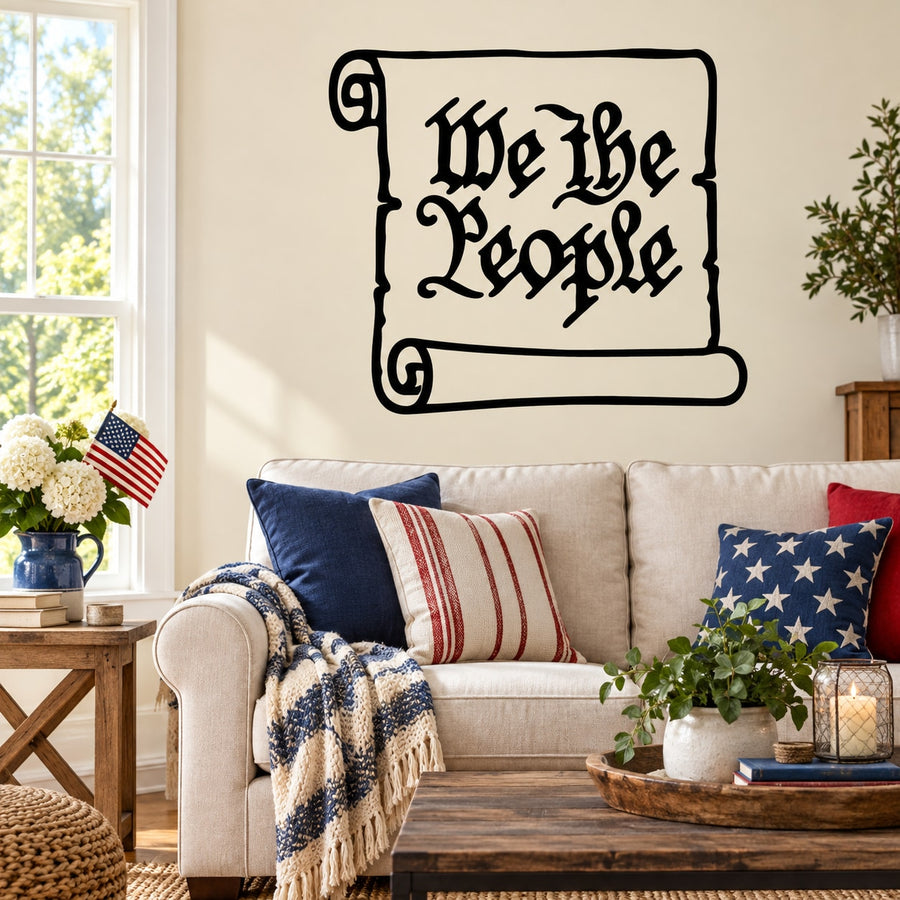 Scroll wall decal with 'We the People' text in black