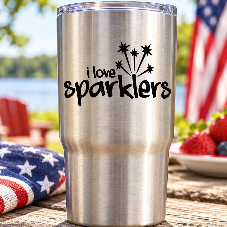 Tumbler decal reading 'i love sparklers' with starburst spark icons
