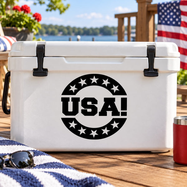 USA decal with black circle and stars on cooler lid