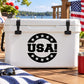 USA decal with black circle and stars on cooler lid