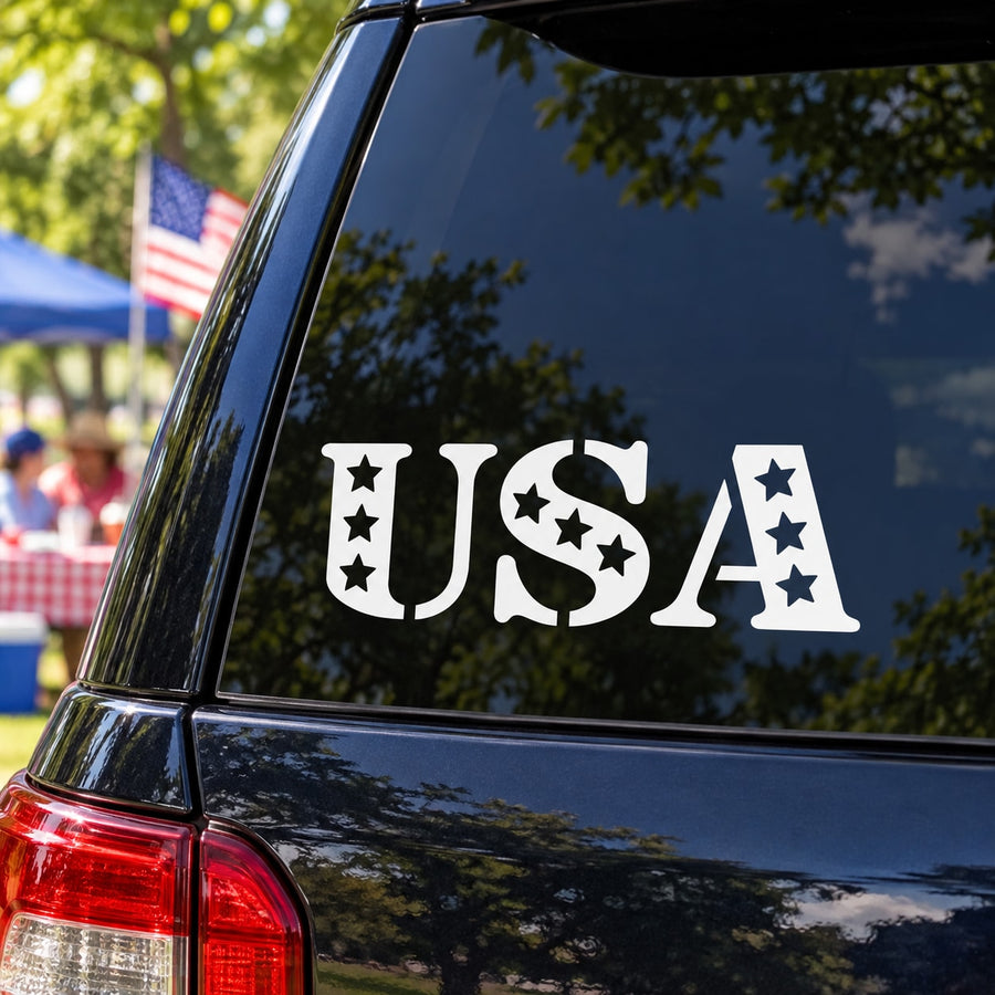 USA letters star decorative decal on dark car window