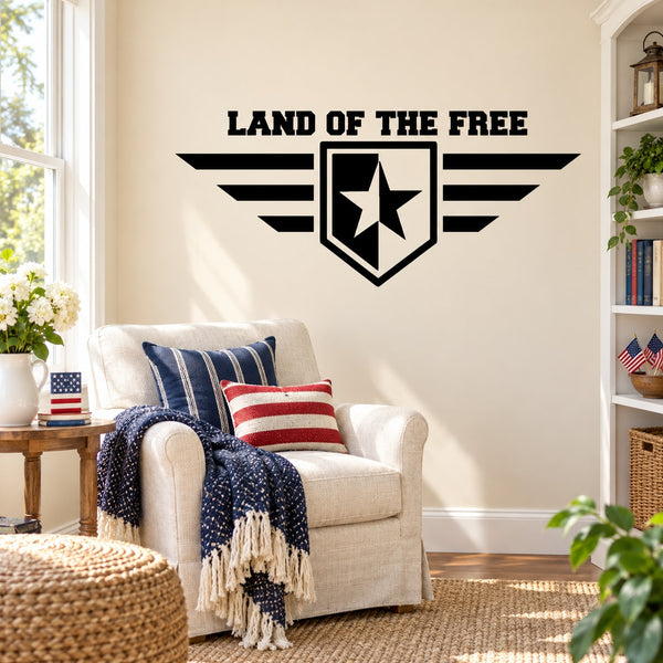 Star wing shield wall decal with “LAND OF THE FREE” text and central white star