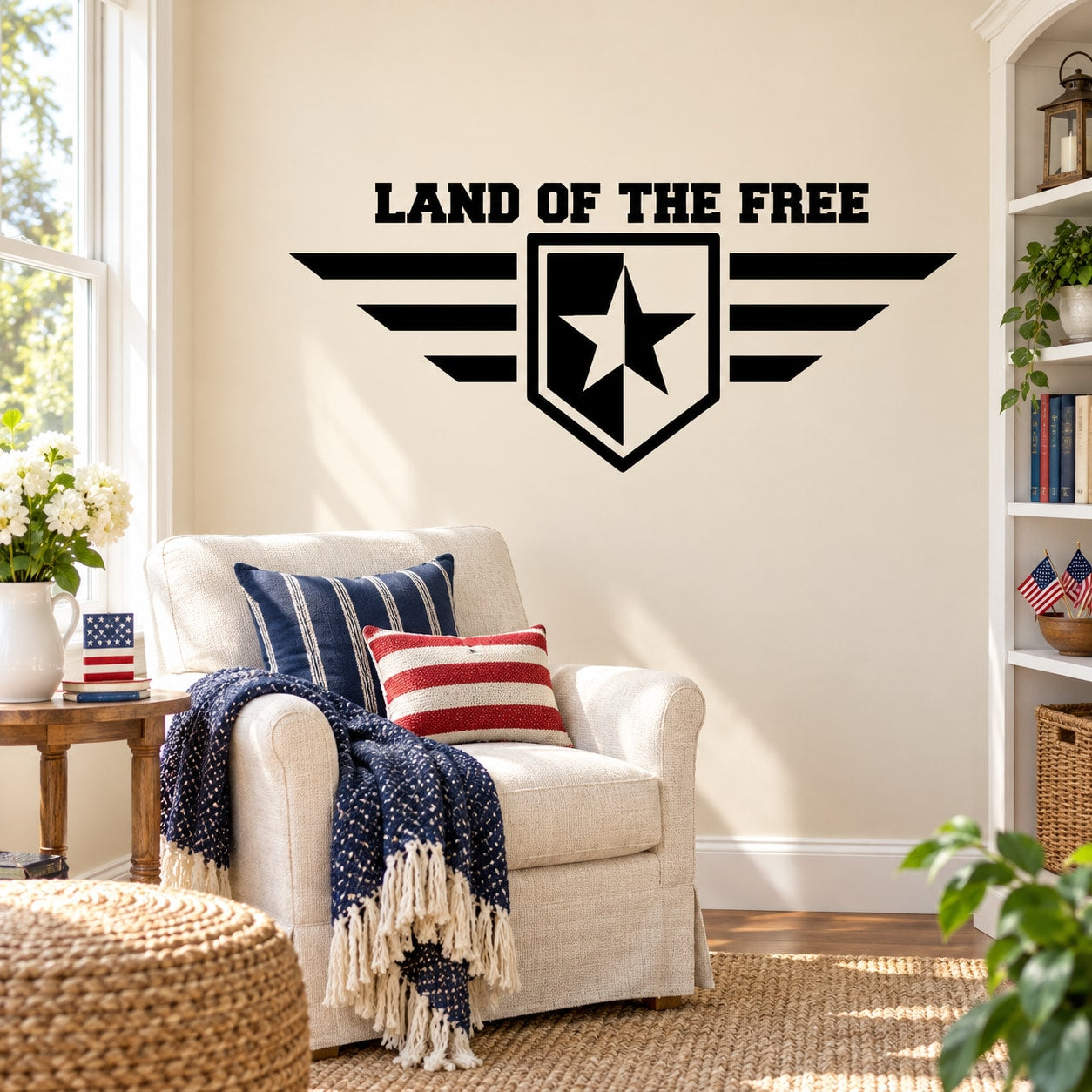 Star wing shield wall decal with “LAND OF THE FREE” text and central white star