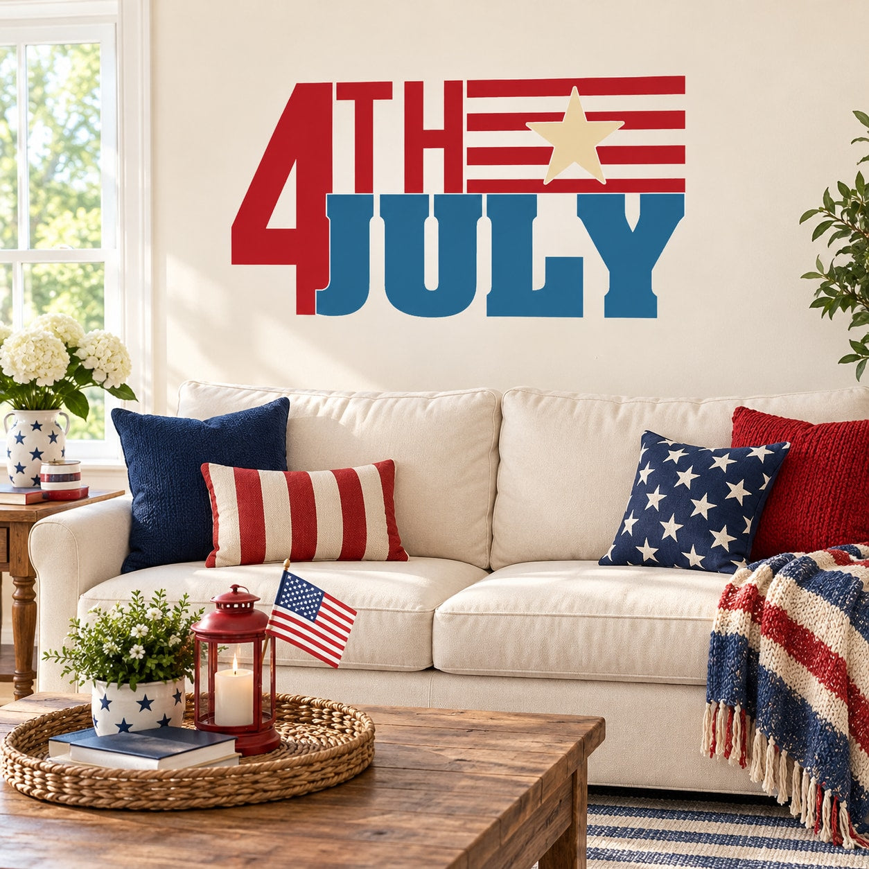 Red, yellow, and blue 4th of July star and text wall decal