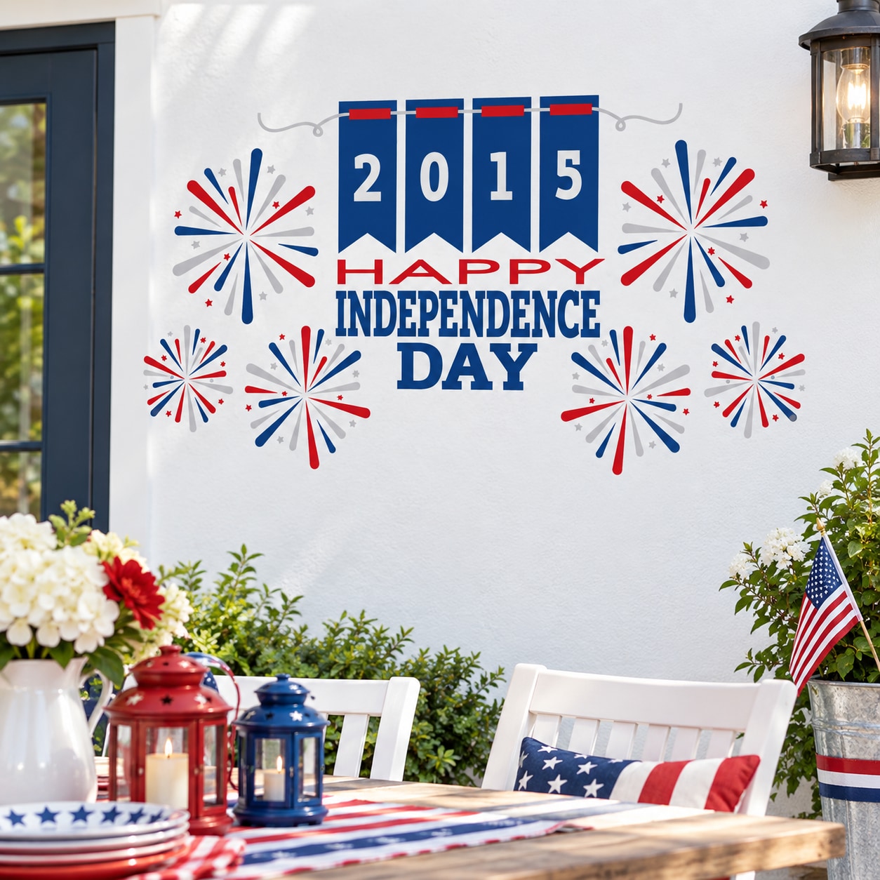 Independence Day sticker with 2015 banner, HAPPY text, fireworks in red, white, and blue