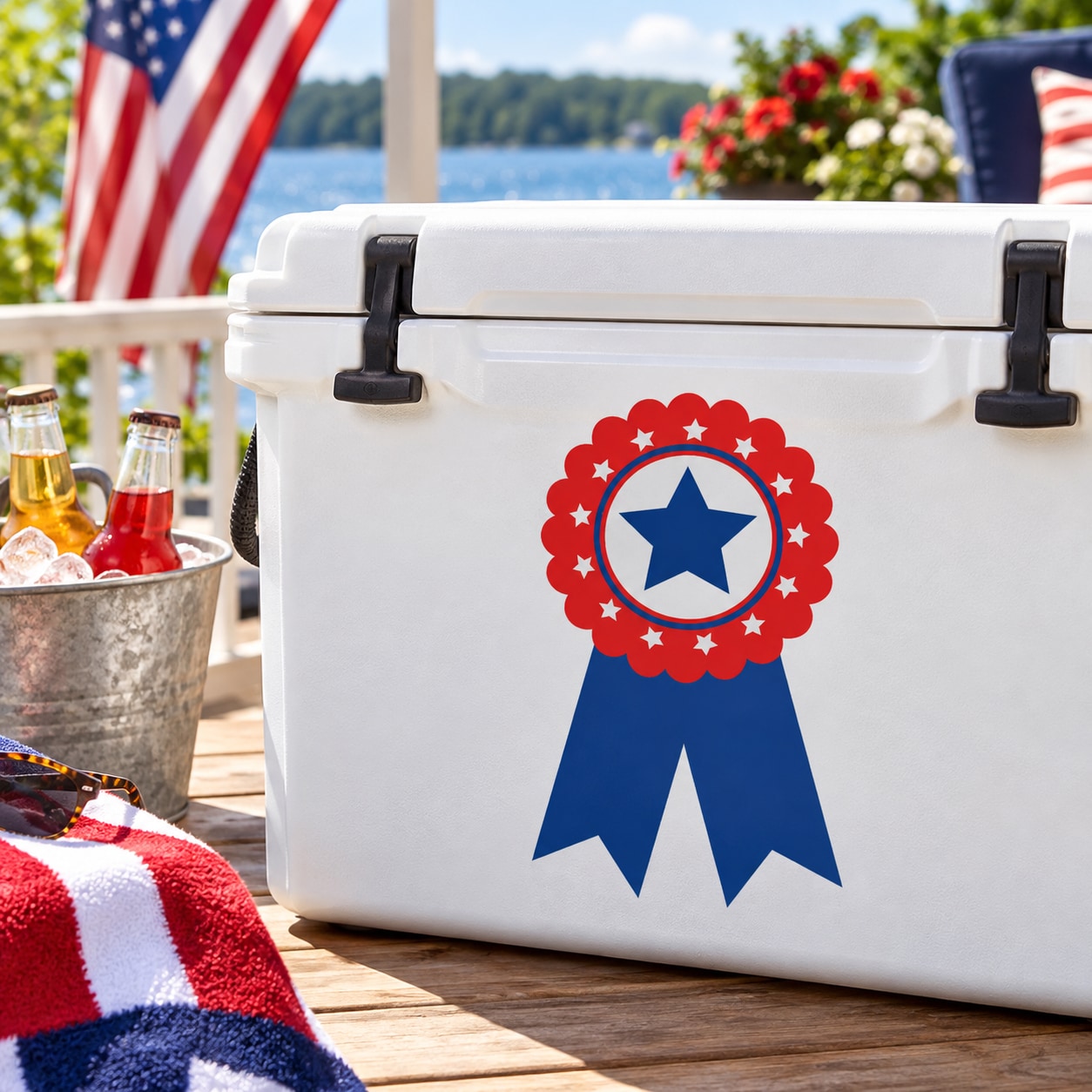 White cooler with red star rosette ribbon decal and blue star emblem