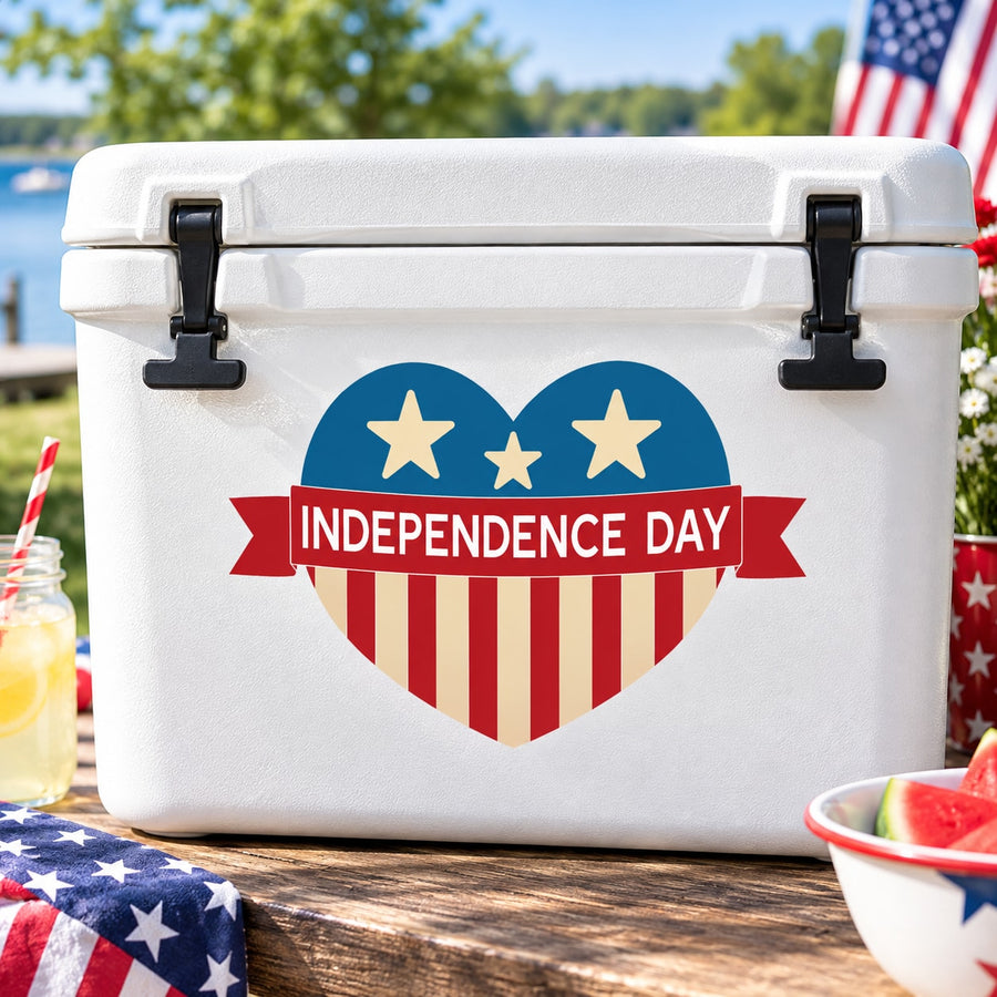 Independence Day heart sticker: blue heart with stars and banner text INDEPENDENCE DAY
