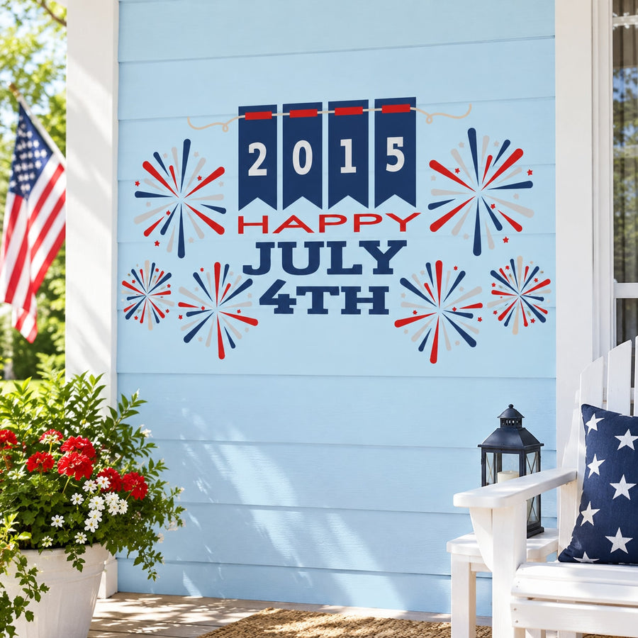 Fourth of July wall decal with 2015 HAPPY JULY 4TH text and red fireworks bursts