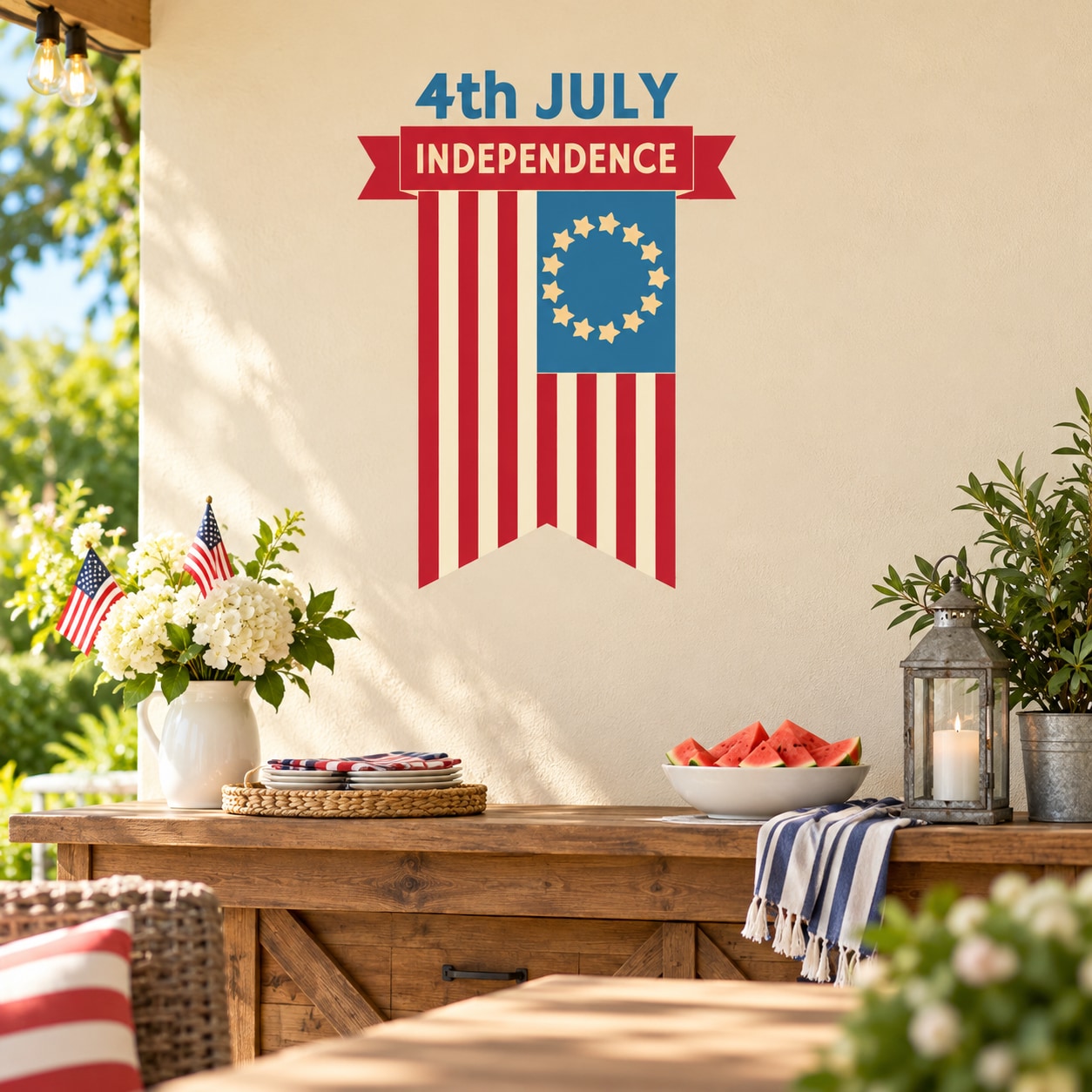Vertical Independence Day flag decal with blue star circle, red stripes, and “4th JULY”