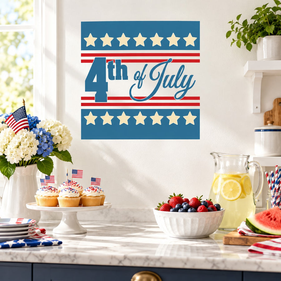 Fourth of July square wall decal with stars, red stripes, and '4th of July' text
