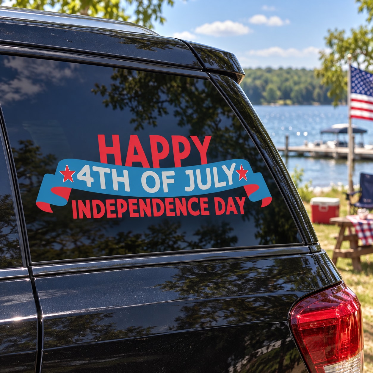 Patriotic car window decal: Happy 4th of July Independence Day, red and blue banner