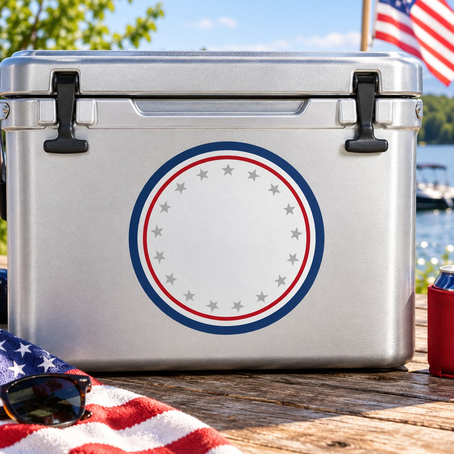 Fourth of July circle motif decal with stars in red, white, and blue