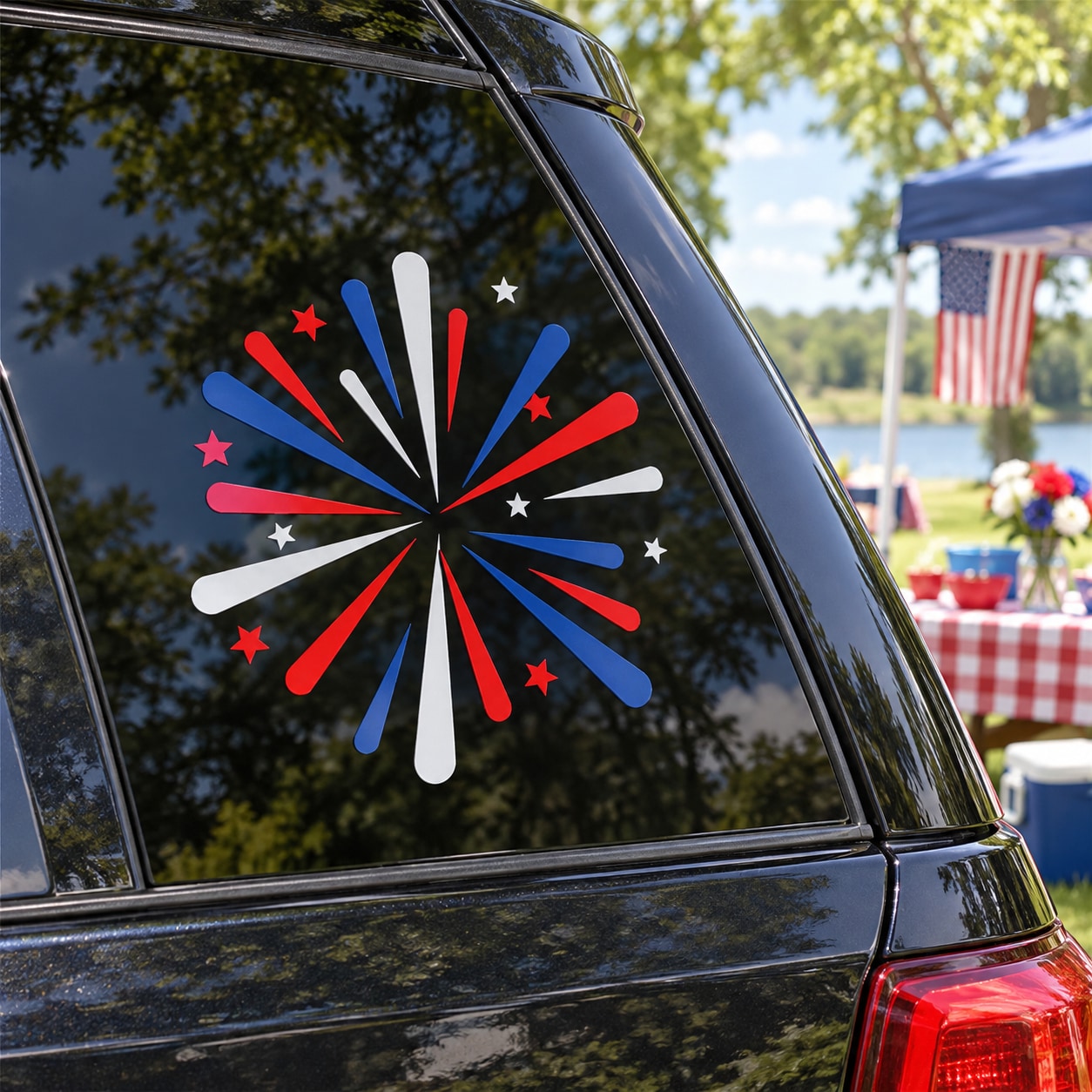 Firework sticker with red, white, and blue radial rays and star accents