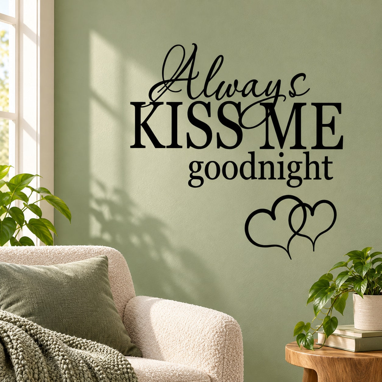 Wall decal: 'Always KISS ME goodnight' with two black heart outlines