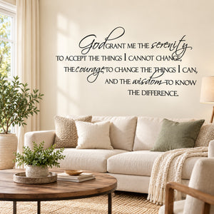 Vinyl wall decal with black script quote: God grant me the serenity