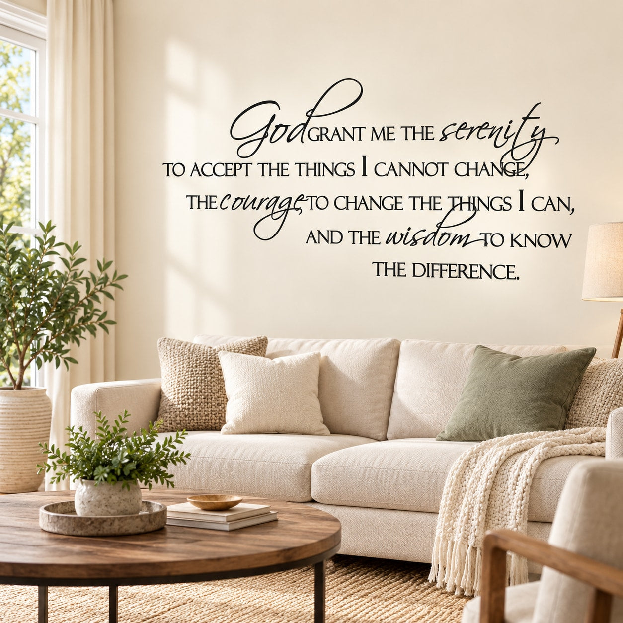 Vinyl wall decal with black script quote: God grant me the serenity