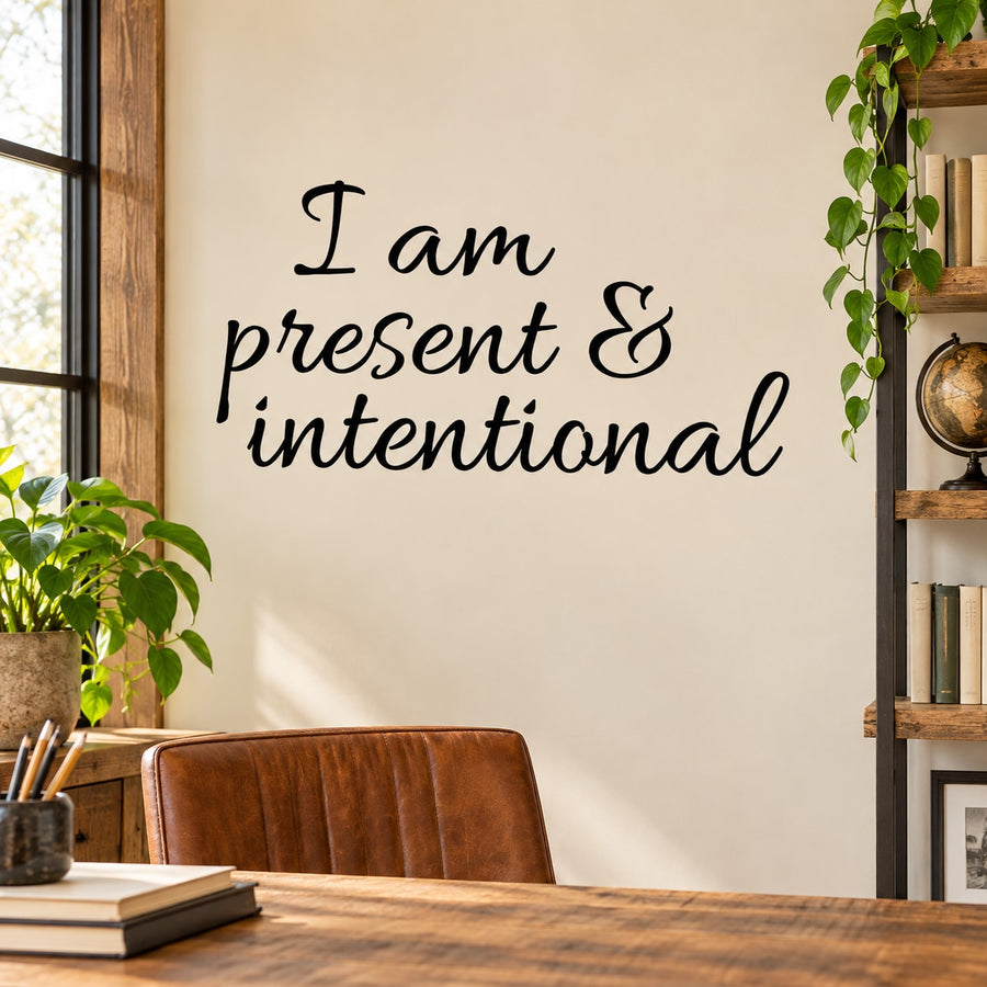 Wall decal with black cursive text: I am present & intentional.