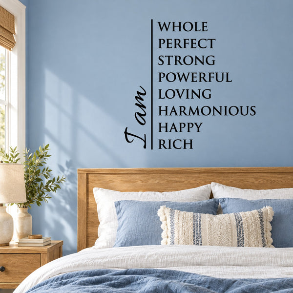 Inspirational wall decal with black stacked text: WHOLE PERFECT STRONG POWERFUL