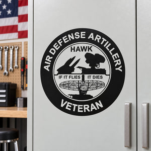 Circular black veteran emblem sticker with white 'AIR DEFENSE ARTILLERY' and hawk logo