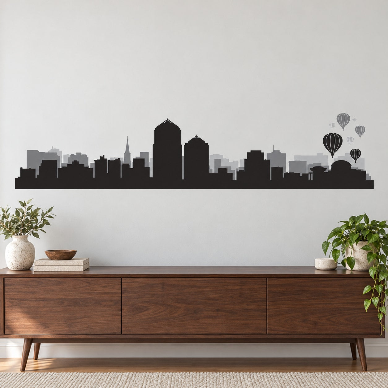 Albuquerque skyline printed die-cut decal with hot air balloons, black and gray