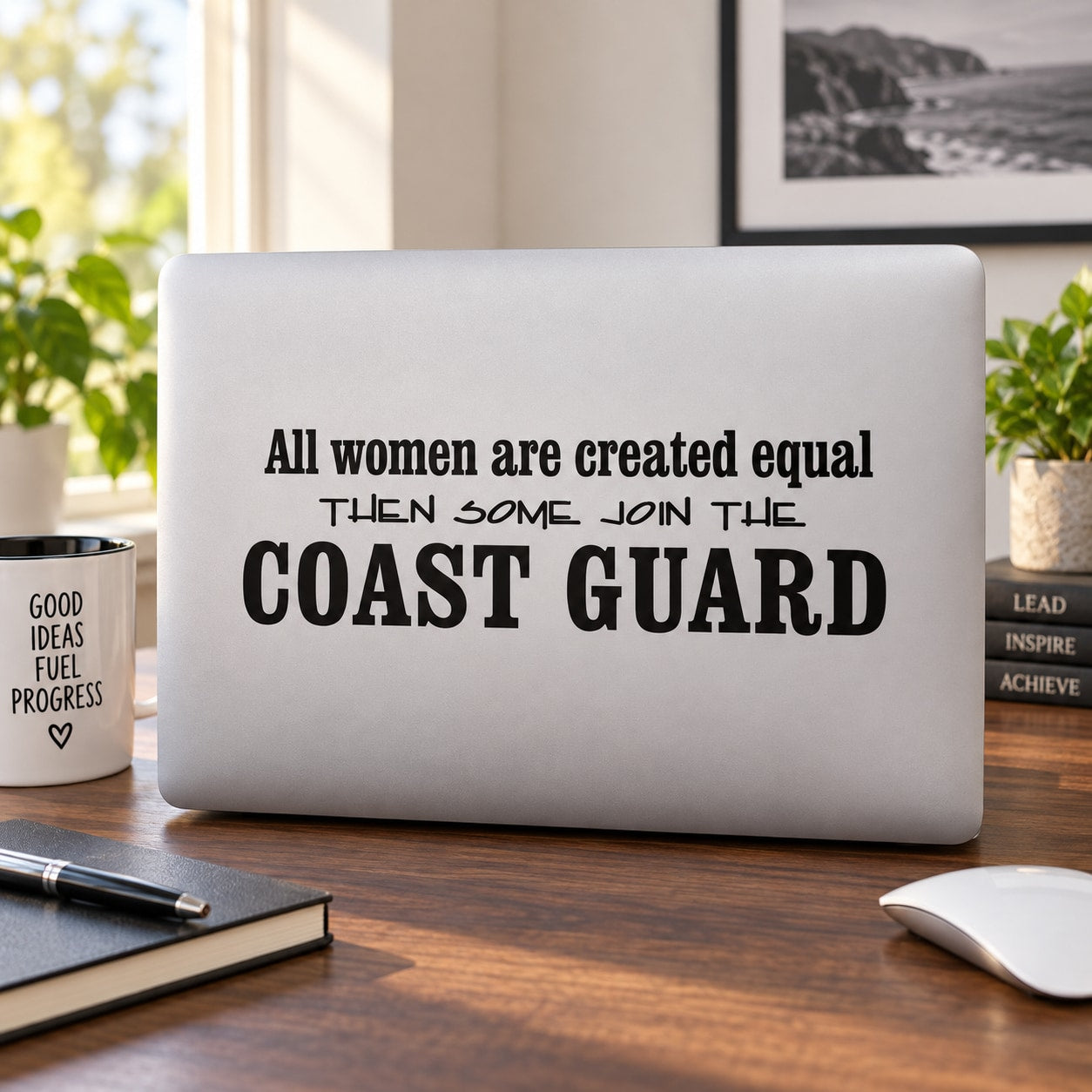Coast Guard vinyl decal with quote text: 'All women are created equal'.