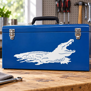 Blue toolbox with peeking alligator decal sticker