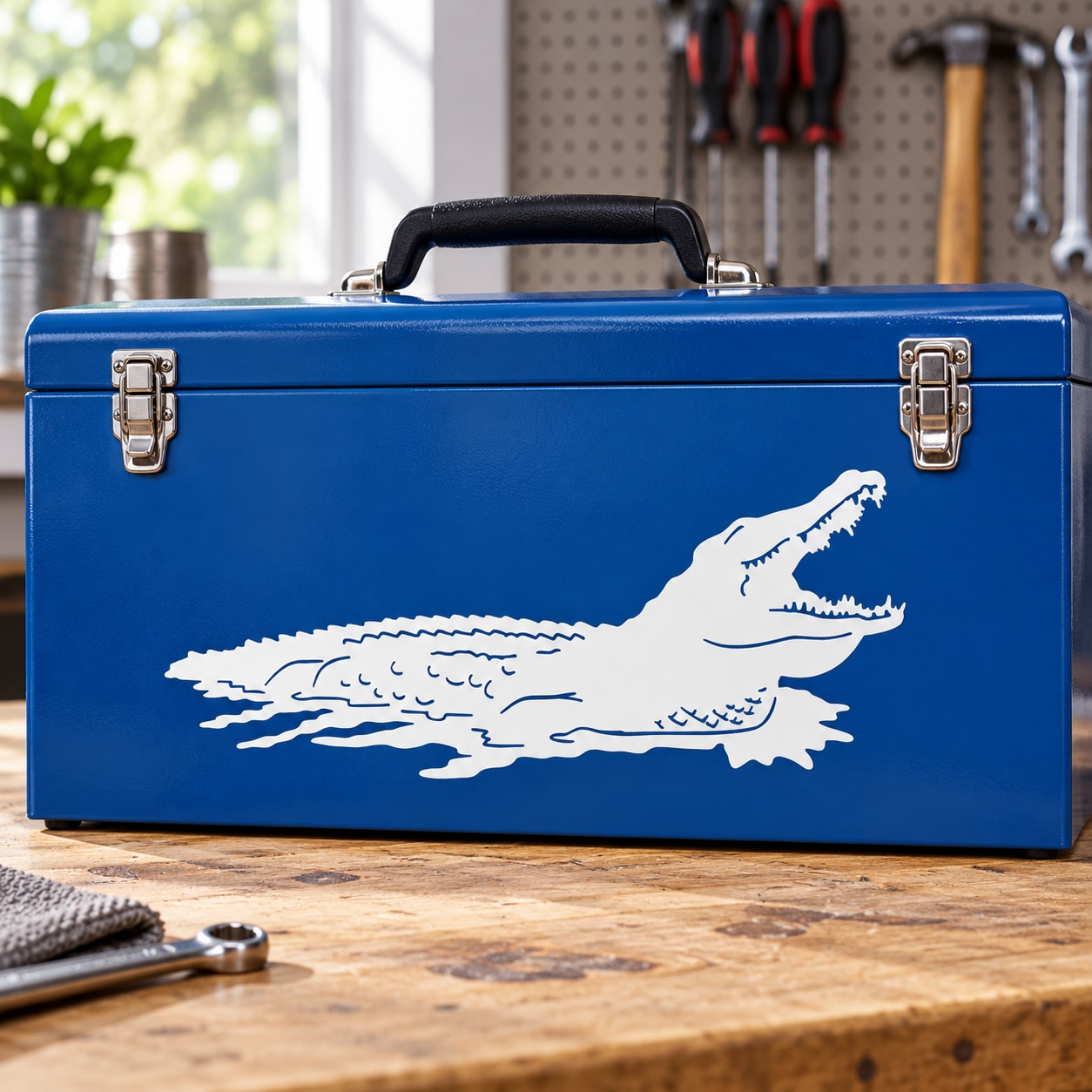Blue toolbox with peeking alligator decal sticker