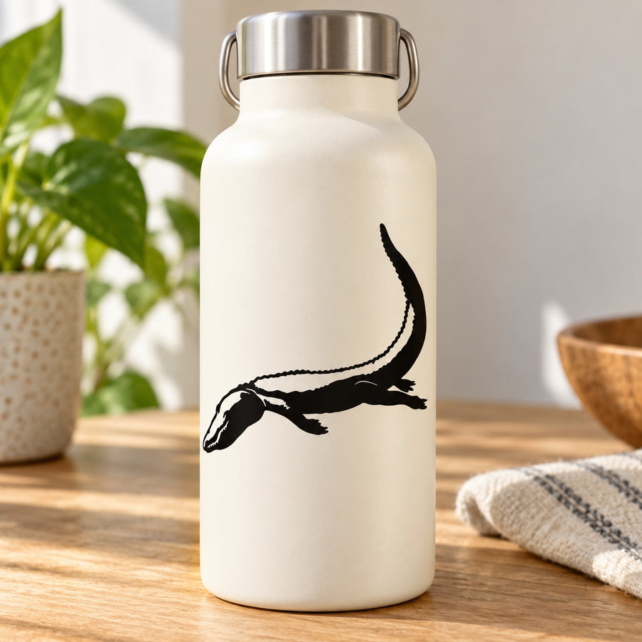 Diving alligator vinyl decal, black silhouette on white bottle