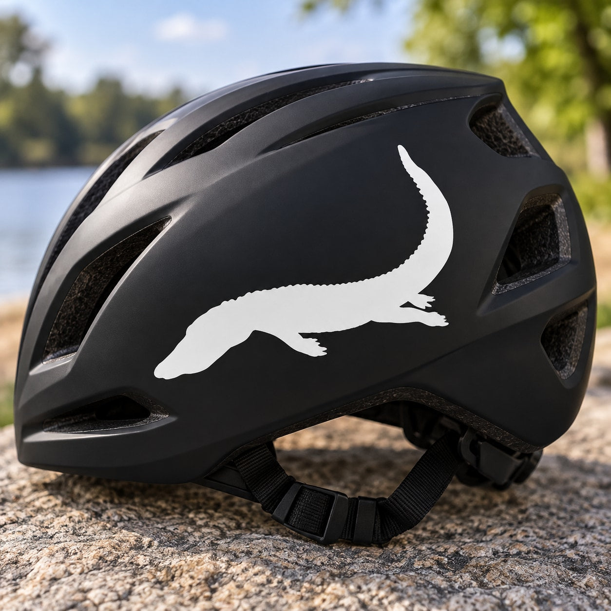 Dark bicycle helmet with diving alligator silhouette graphic in white