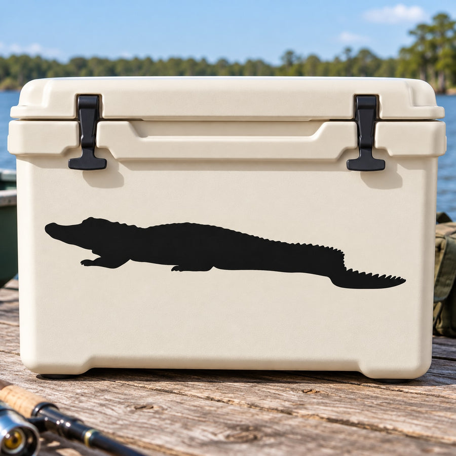 Black resting alligator decal silhouette on a white cooler