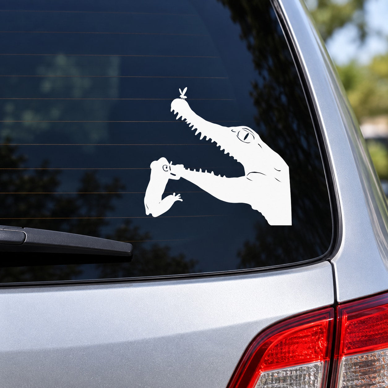 Frog and alligator car decal in white, frog on alligator back
