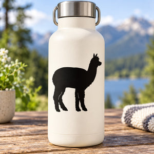 Walking alpaca silhouette decal, black, standing figure on a white surface