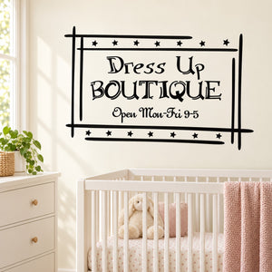 Black storefront-style wall decal with "Dress Up Boutique" sign and star border