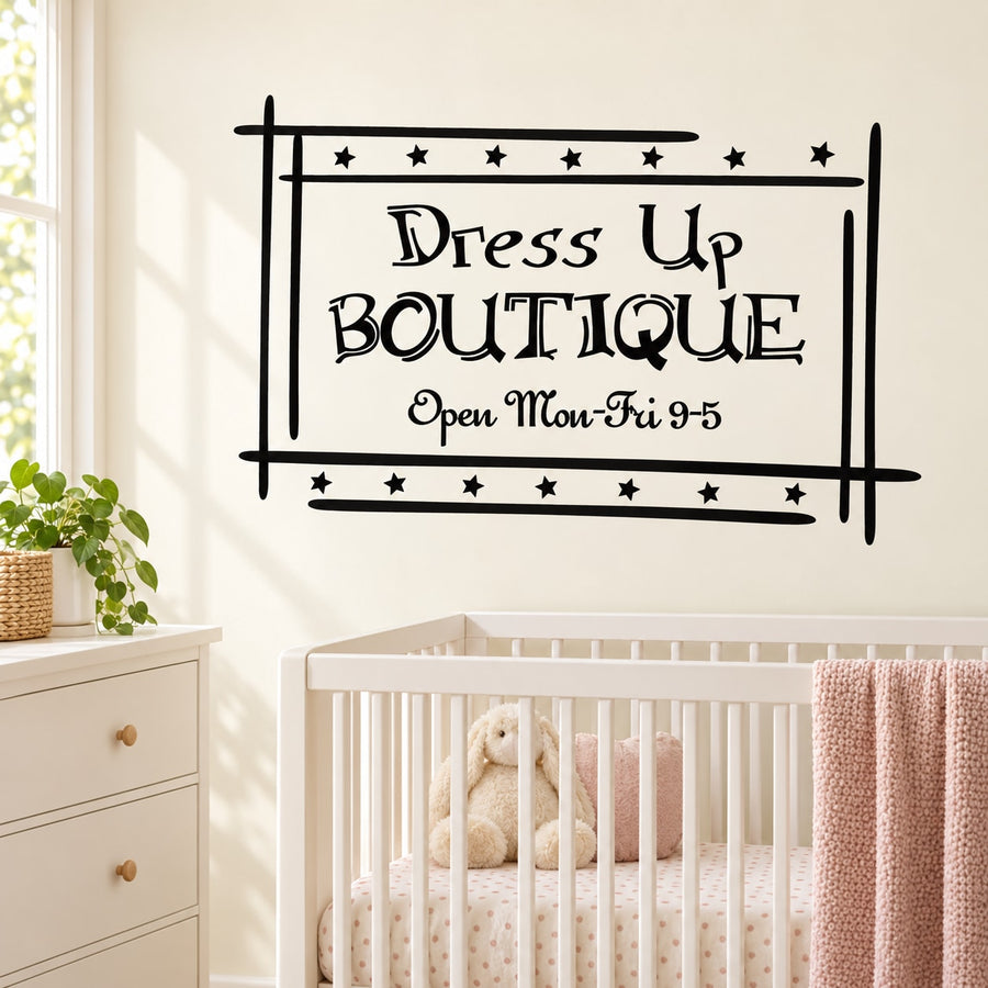 Black storefront-style wall decal with "Dress Up Boutique" sign and star border