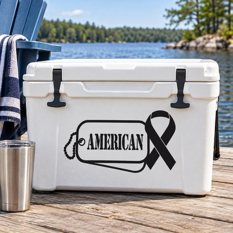American Dog Tag with Ribbon Decal — illustrative vinyl decal application mockup. Surrounding objects are not included.