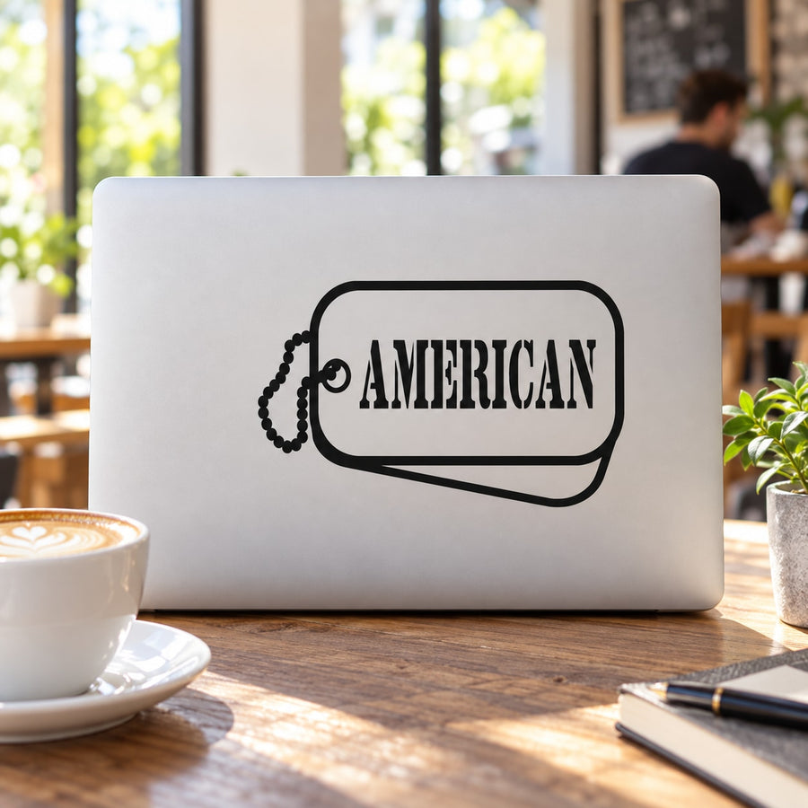 American Dog Tag Decal — illustrative vinyl decal application mockup. Surrounding objects are not included.